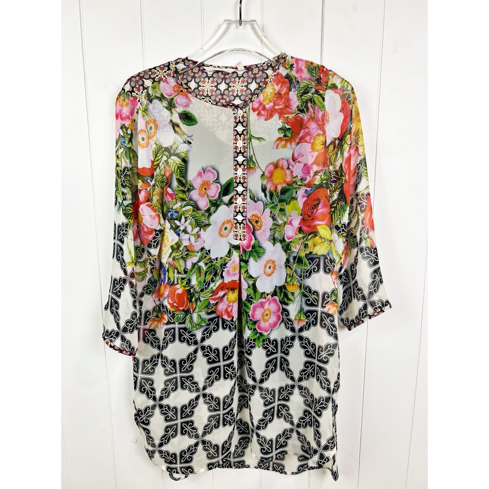 Soft Surroundings Sheer Floral Tunic‎ Quarter Button w/ Tank Size M